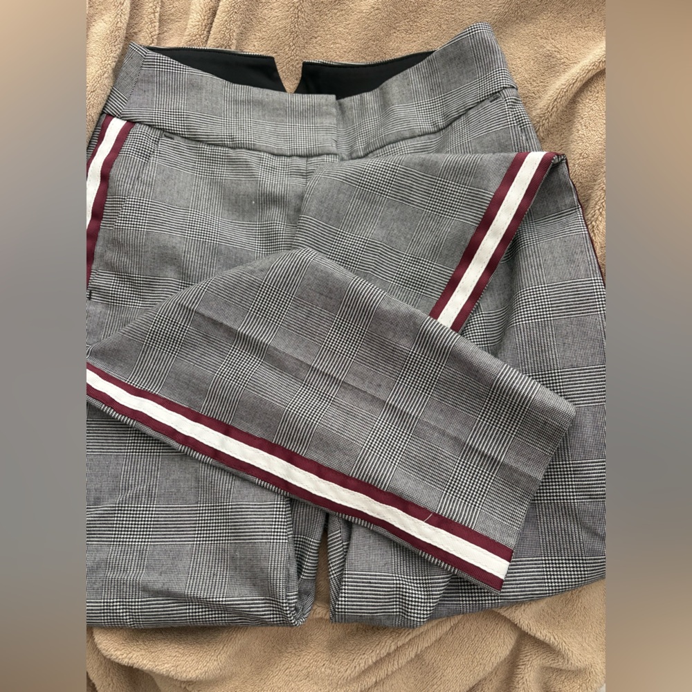 Express Gray Plaid Pants with Burgundy and White Accents